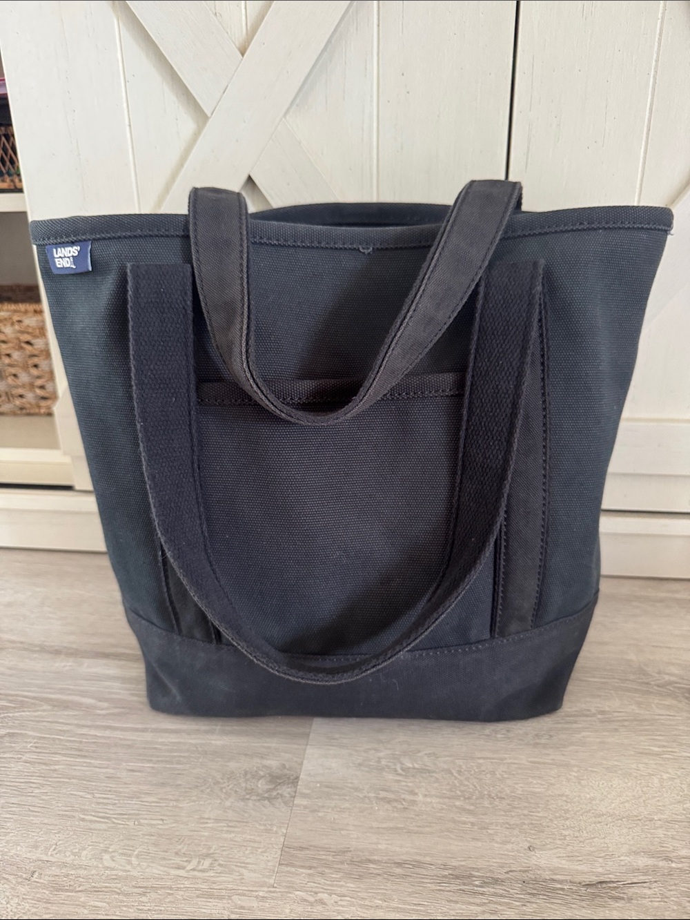 Lands End Black Medium Canvas Tote Bag Double Handle Pockets